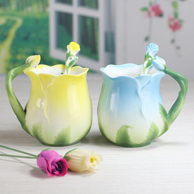 Tulip Shaped and Painted Ceramic Mug