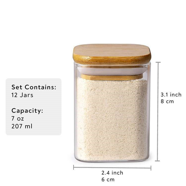 12PC Square Glass Spice Jars-Airtight Bamboo Lid-7oz