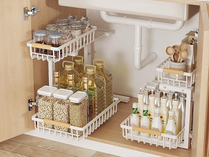 Metal Adjustable Height 2-Tier Pull-Out Storage Rack