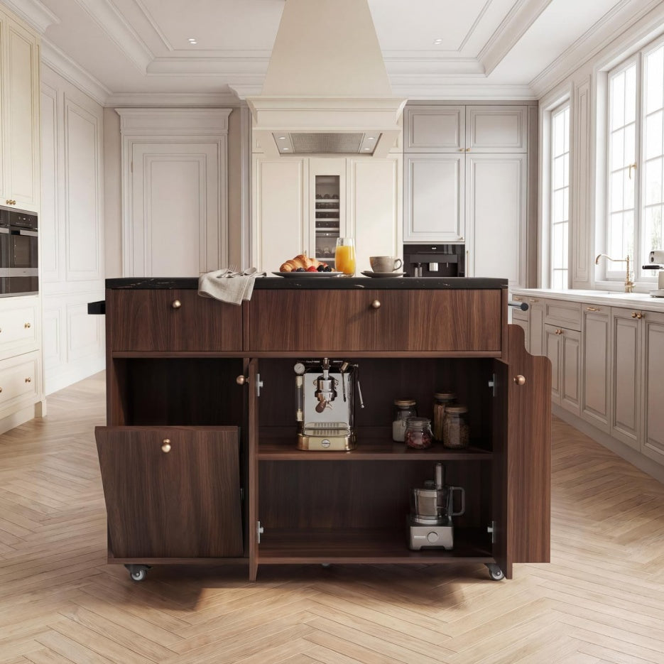 Black Marble Top Rolling Kitchen Island Cart With Drop Leaf