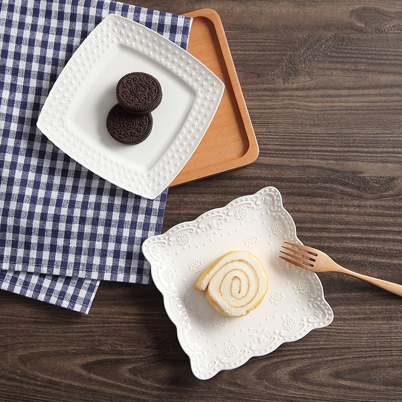 White Ceramic Embossed Dessert Plates