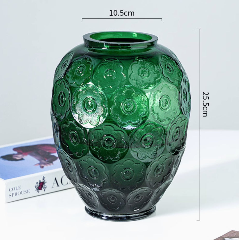 Vase-Round Colored Glass Blossom Embossed